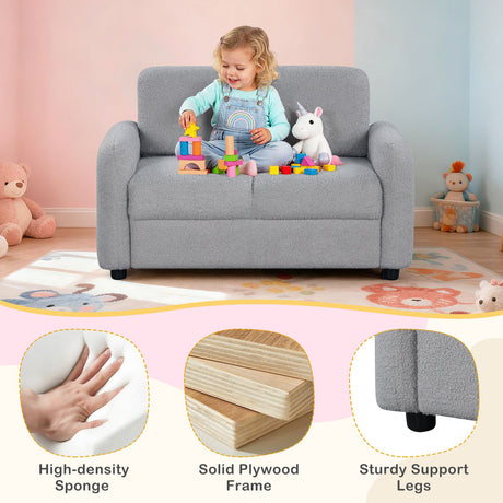 Sofá infantil de 2 plazas, sofá para niños pequeños con tapicería de vellón de borreguillo suave y estructura de madera maciza