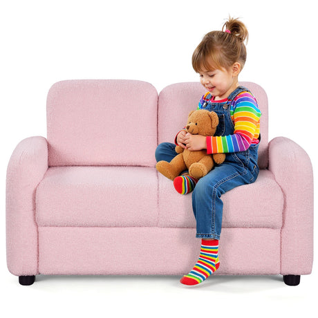 Sofá infantil de 2 plazas, sofá para niños pequeños con tapicería de vellón de borreguillo suave y estructura de madera maciza