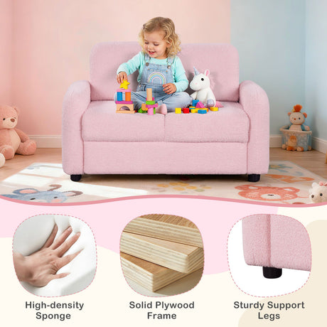 Sofá infantil de 2 plazas, sofá para niños pequeños con tapicería de vellón de borreguillo suave y estructura de madera maciza
