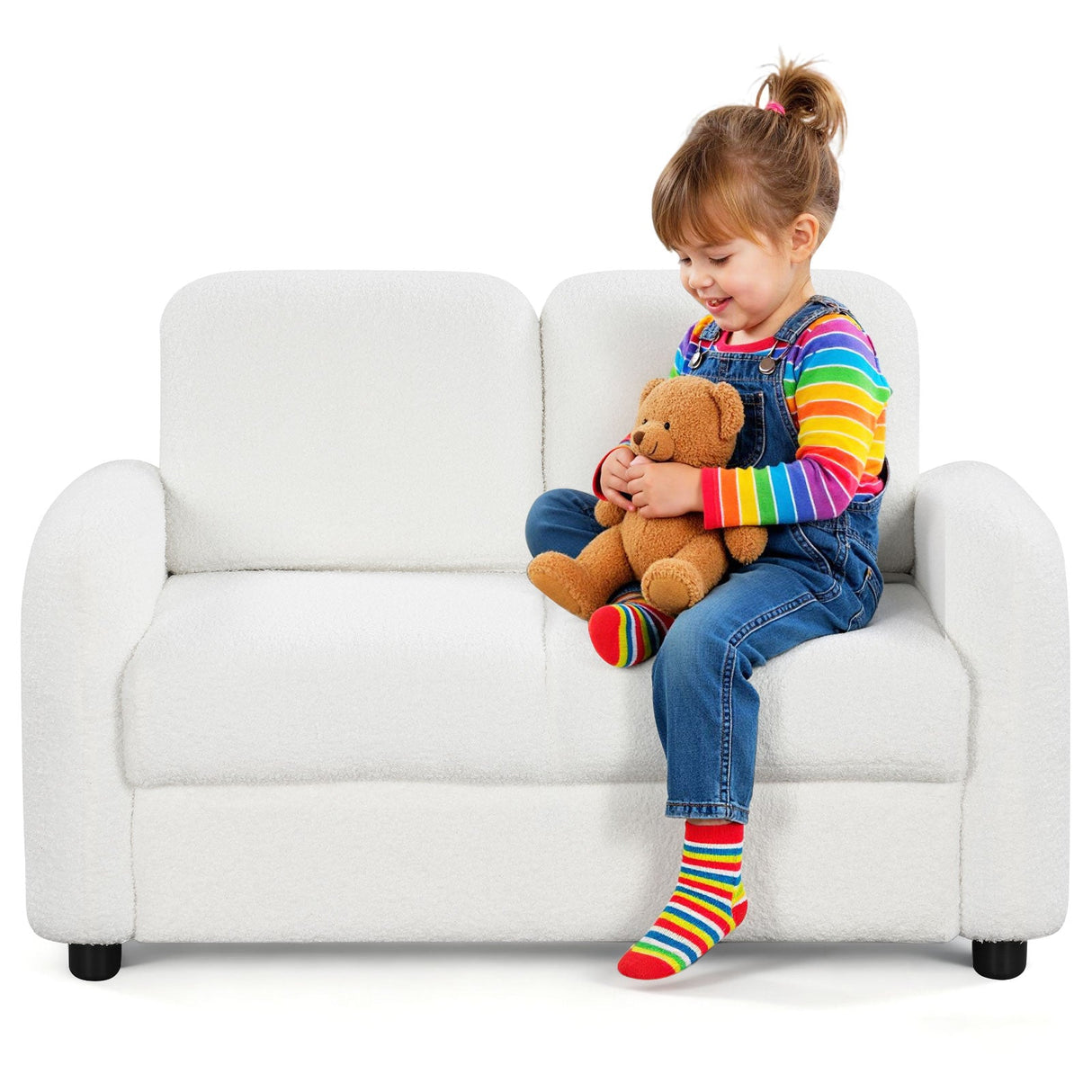 Sofá infantil de 2 plazas, sofá para niños pequeños con tapicería de vellón de borreguillo suave y estructura de madera maciza