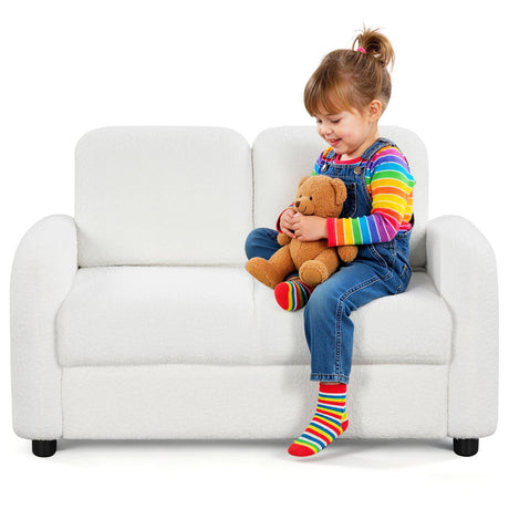 Sofá infantil de 2 plazas, sofá para niños pequeños con tapicería de vellón de borreguillo suave y estructura de madera maciza