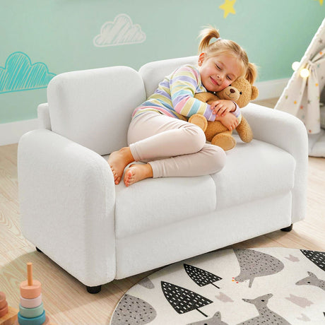 Sofá infantil de 2 plazas, sofá para niños pequeños con tapicería de vellón de borreguillo suave y estructura de madera maciza