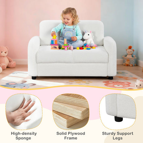 Sofá infantil de 2 plazas, sofá para niños pequeños con tapicería de vellón de borreguillo suave y estructura de madera maciza