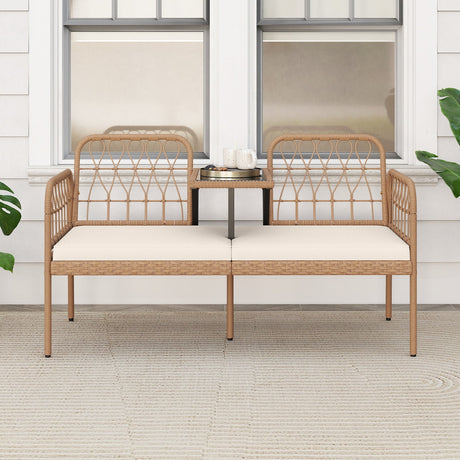 Sofá de exterior de 2 plazas de ratán PE con mesa de centro incorporada y cojines suaves - Blanco
