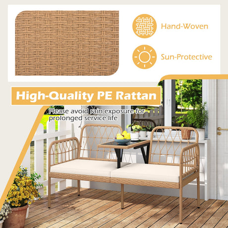 Sofá de exterior de 2 plazas de ratán PE con mesa de centro incorporada y cojines suaves - Blanco