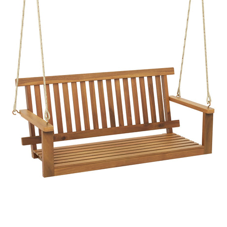 Banco Columpio de Porche de Madera de Acacia de 2 Plazas con 2 Cuerdas de Cáñamo para Colgar