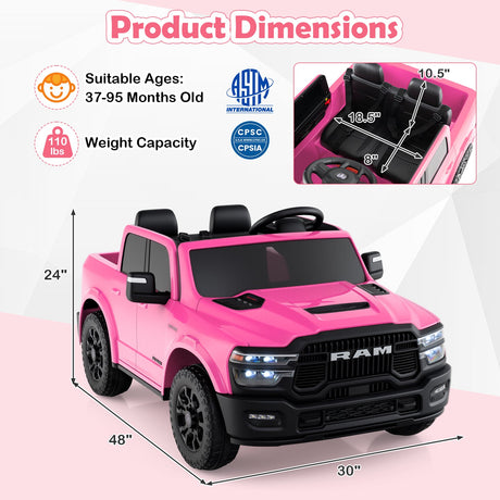 Coche de juguete montable con licencia Ram Truck de 24 V y 2 asientos para niños grandes con control remoto y música