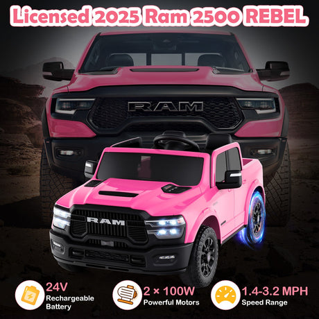 Coche de juguete montable con licencia Ram Truck de 24 V y 2 asientos para niños grandes con control remoto y música