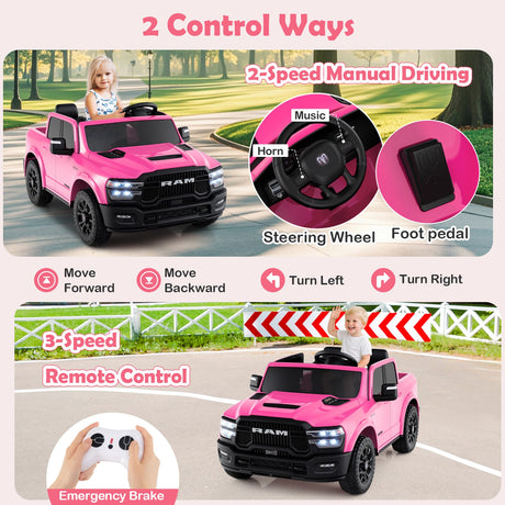 Coche de juguete montable con licencia Ram Truck de 24 V y 2 asientos para niños grandes con control remoto y música