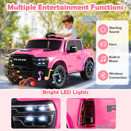 Coche de juguete montable con licencia Ram Truck de 24 V y 2 asientos para niños grandes con control remoto y música