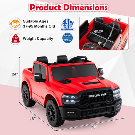 Coche de juguete montable con licencia Ram Truck de 24 V y 2 asientos para niños grandes con control remoto y música