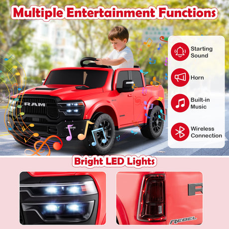 Coche de juguete montable con licencia Ram Truck de 24 V y 2 asientos para niños grandes con control remoto y música