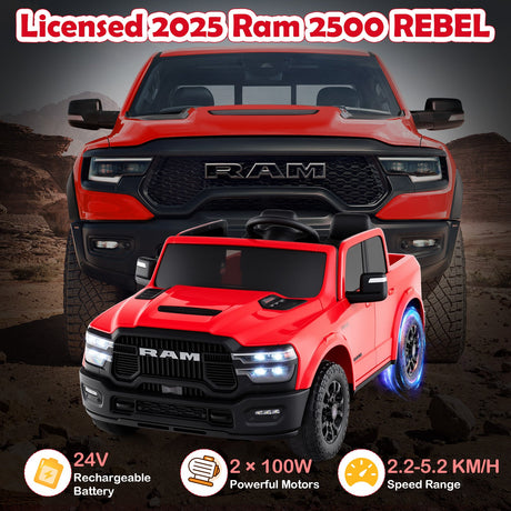 Coche de juguete montable con licencia Ram Truck de 24 V y 2 asientos para niños grandes con control remoto y música