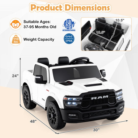 Coche de juguete montable con licencia Ram Truck de 24 V y 2 asientos para niños grandes con control remoto y música