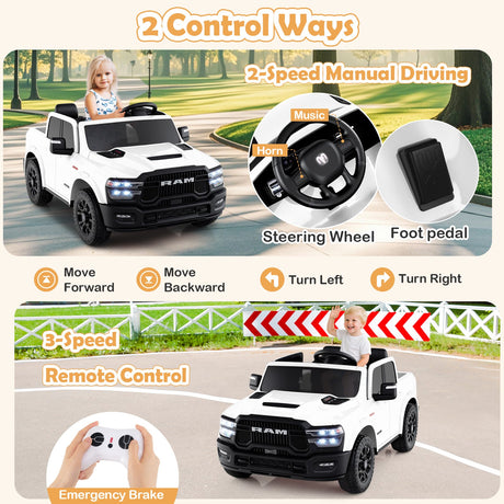 Coche de juguete montable con licencia Ram Truck de 24 V y 2 asientos para niños grandes con control remoto y música