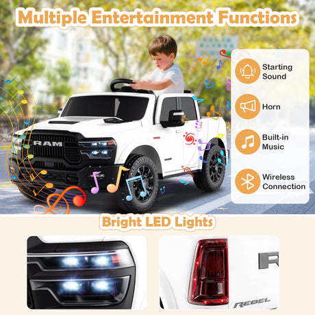 Coche de juguete montable con licencia Ram Truck de 24 V y 2 asientos para niños grandes con control remoto y música