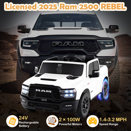 Coche de juguete montable con licencia Ram Truck de 24 V y 2 asientos para niños grandes con control remoto y música