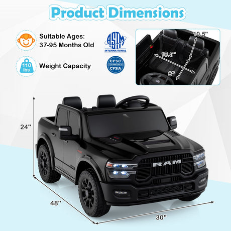 Coche de juguete montable con licencia Ram Truck de 24 V y 2 asientos para niños grandes con control remoto y música