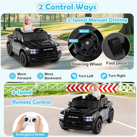 Coche de juguete montable con licencia Ram Truck de 24 V y 2 asientos para niños grandes con control remoto y música