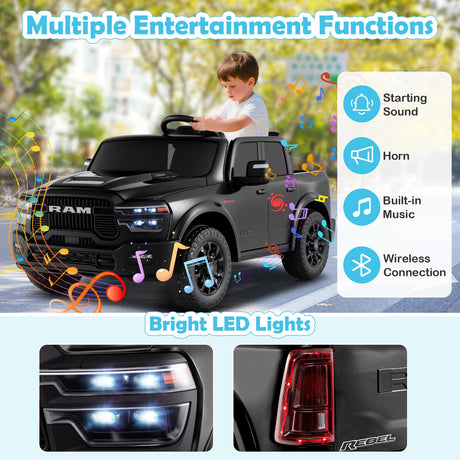 Coche de juguete montable con licencia Ram Truck de 24 V y 2 asientos para niños grandes con control remoto y música