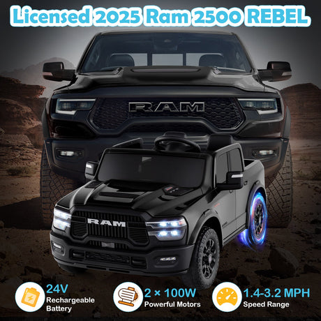 Coche de juguete montable con licencia Ram Truck de 24 V y 2 asientos para niños grandes con control remoto y música