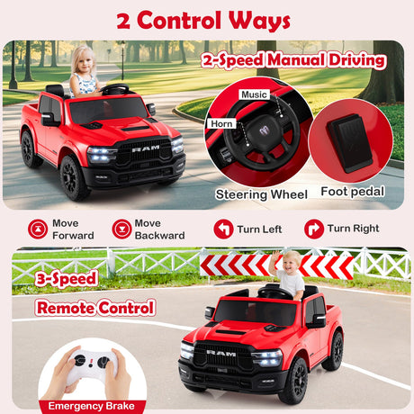 Coche de juguete montable con licencia Ram Truck de 24 V y 2 asientos para niños grandes con control remoto y música