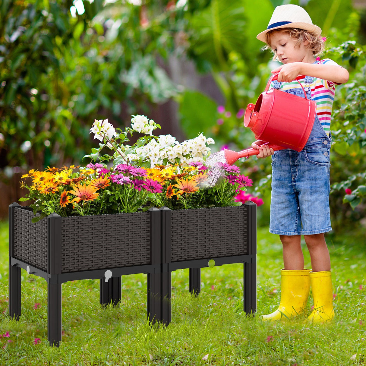 Kit de jardinera elevada de plástico para cultivo de flores y verduras, juego de 2 - Marrón