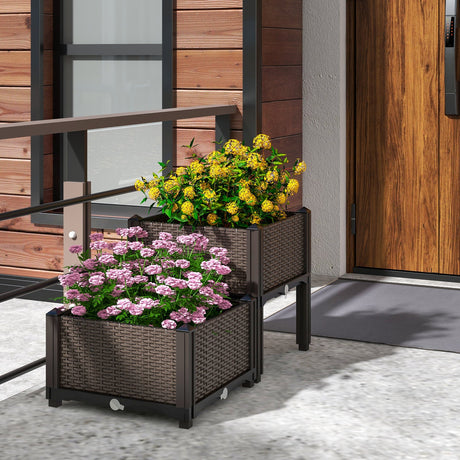 Kit de jardinera elevada de plástico para cultivo de flores y verduras, juego de 2 - Marrón