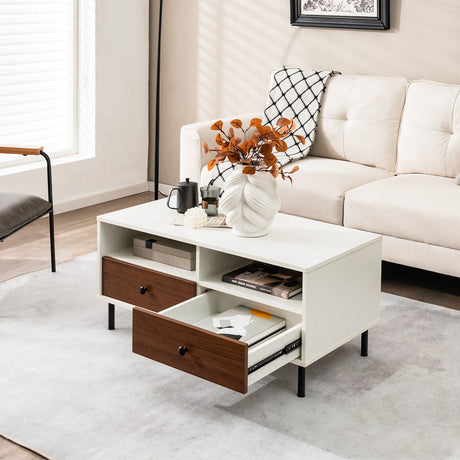 Mesa de centro moderna rectangular de 2 niveles de 40 pulgadas de largo con estante de almacenamiento y cajones - Blanca