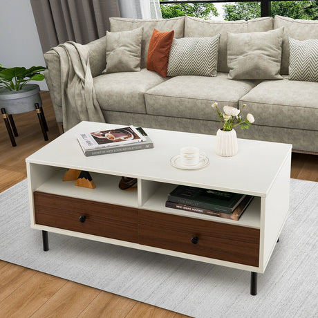 Mesa de centro moderna rectangular de 2 niveles de 40 pulgadas de largo con estante de almacenamiento y cajones - Blanca