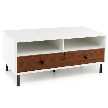 Mesa de centro moderna rectangular de 2 niveles de 40 pulgadas de largo con estante de almacenamiento y cajones - Blanca