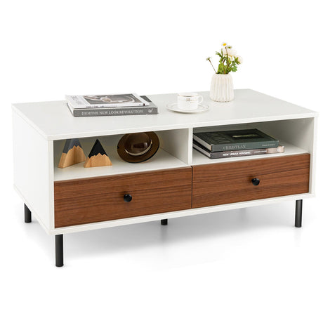 Mesa de centro moderna rectangular de 2 niveles de 40 pulgadas de largo con estante de almacenamiento y cajones - Blanca
