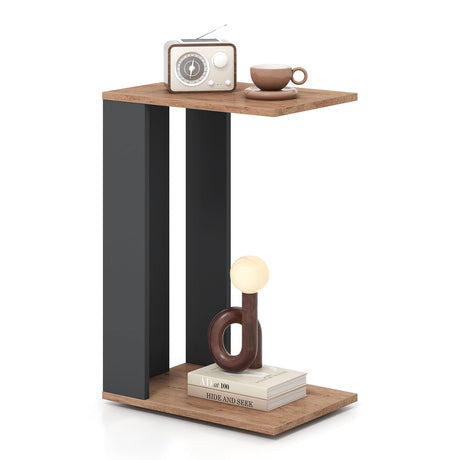 Mesa auxiliar en forma de C de 2 niveles con ruedas universales y estante, marrón rústico