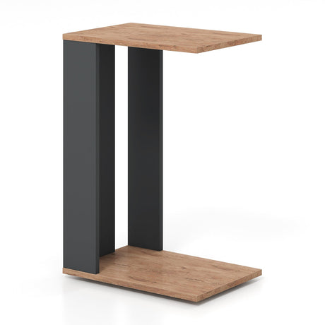 Mesa auxiliar en forma de C de 2 niveles con ruedas universales y estante, marrón rústico