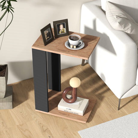 Mesa auxiliar en forma de C de 2 niveles con ruedas universales y estante, marrón rústico
