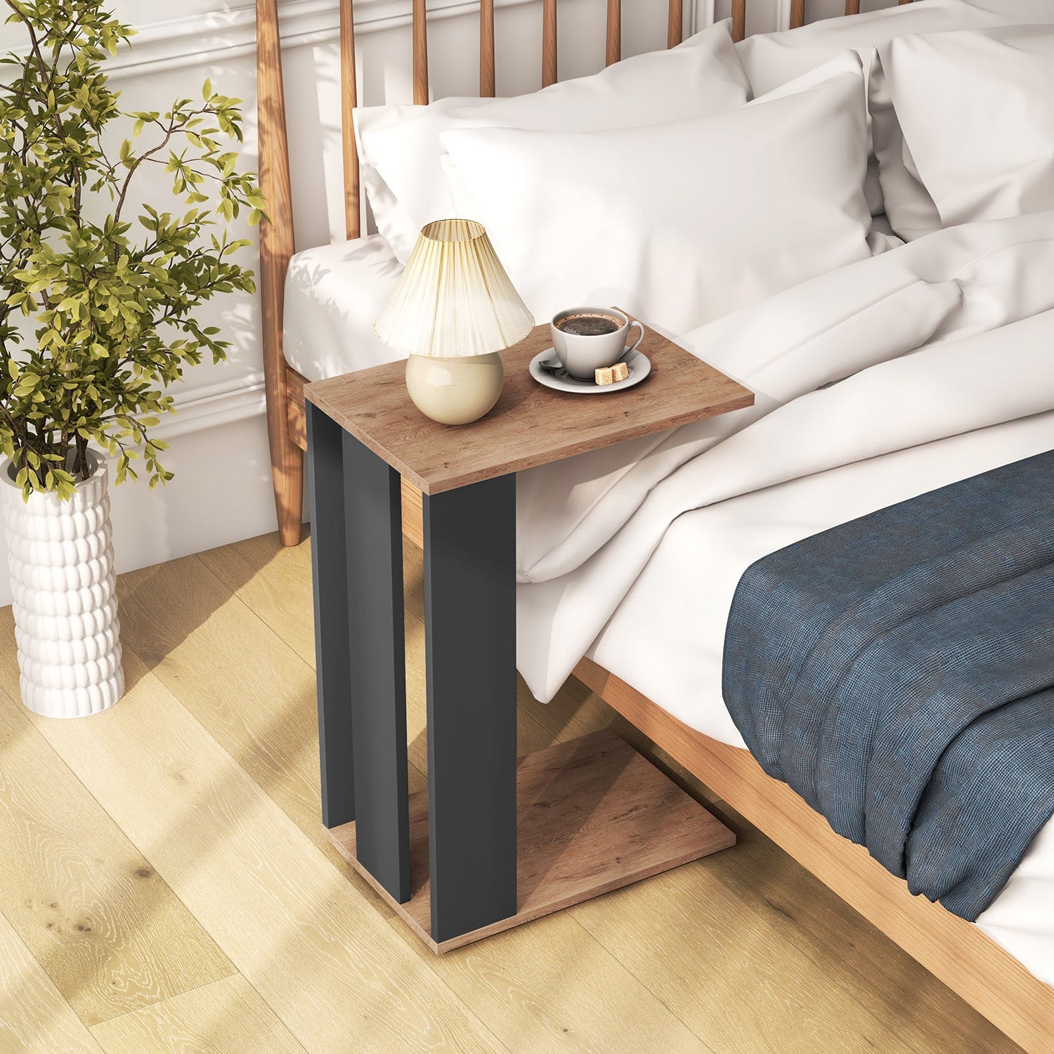 2-Tier C-Shaped Side Table with Universal Wheels and Shelf-Rustic Brown