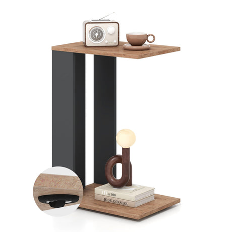 Mesa auxiliar en forma de C de 2 niveles con ruedas universales y estante, marrón rústico