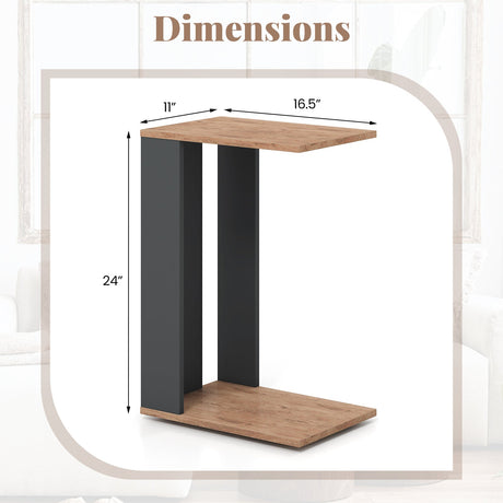 Mesa auxiliar en forma de C de 2 niveles con ruedas universales y estante, marrón rústico