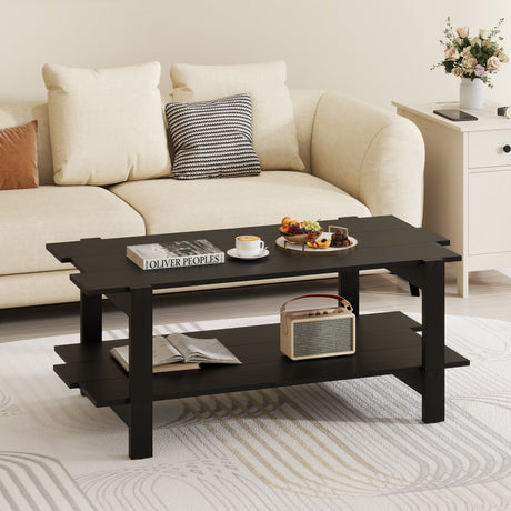 Mesa de centro de 2 niveles con listones de madera y estante de almacenamiento
