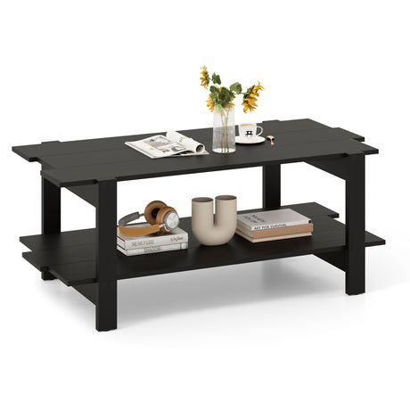 Mesa de centro de 2 niveles con listones de madera y estante de almacenamiento