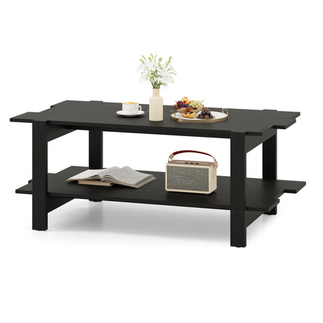 Mesa de centro de 2 niveles con listones de madera y estante de almacenamiento