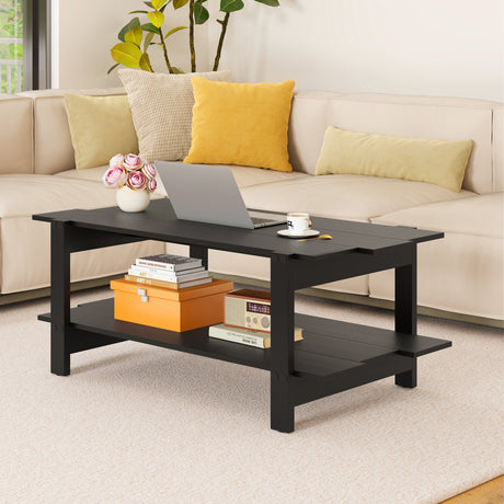 Mesa de centro de 2 niveles con listones de madera y estante de almacenamiento