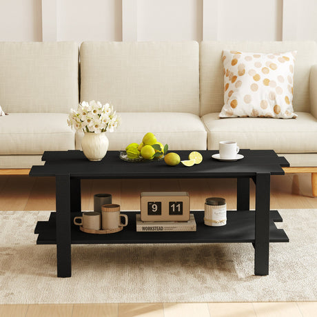 Mesa de centro de 2 niveles con listones de madera y estante de almacenamiento