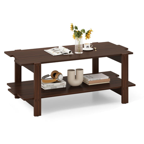 Mesa de centro de 2 niveles con listones de madera y estante de almacenamiento