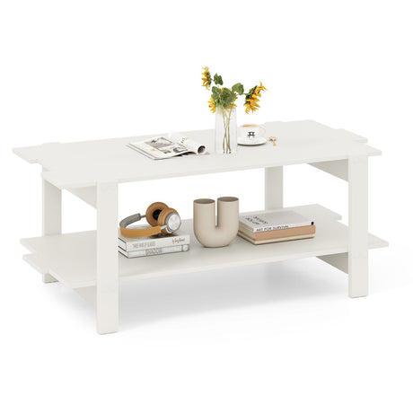 Mesa de centro de 2 niveles con listones de madera y estante de almacenamiento