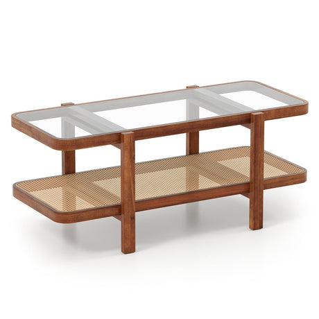 Mesa de centro de 2 niveles con almacenamiento y tablero de cristal templado