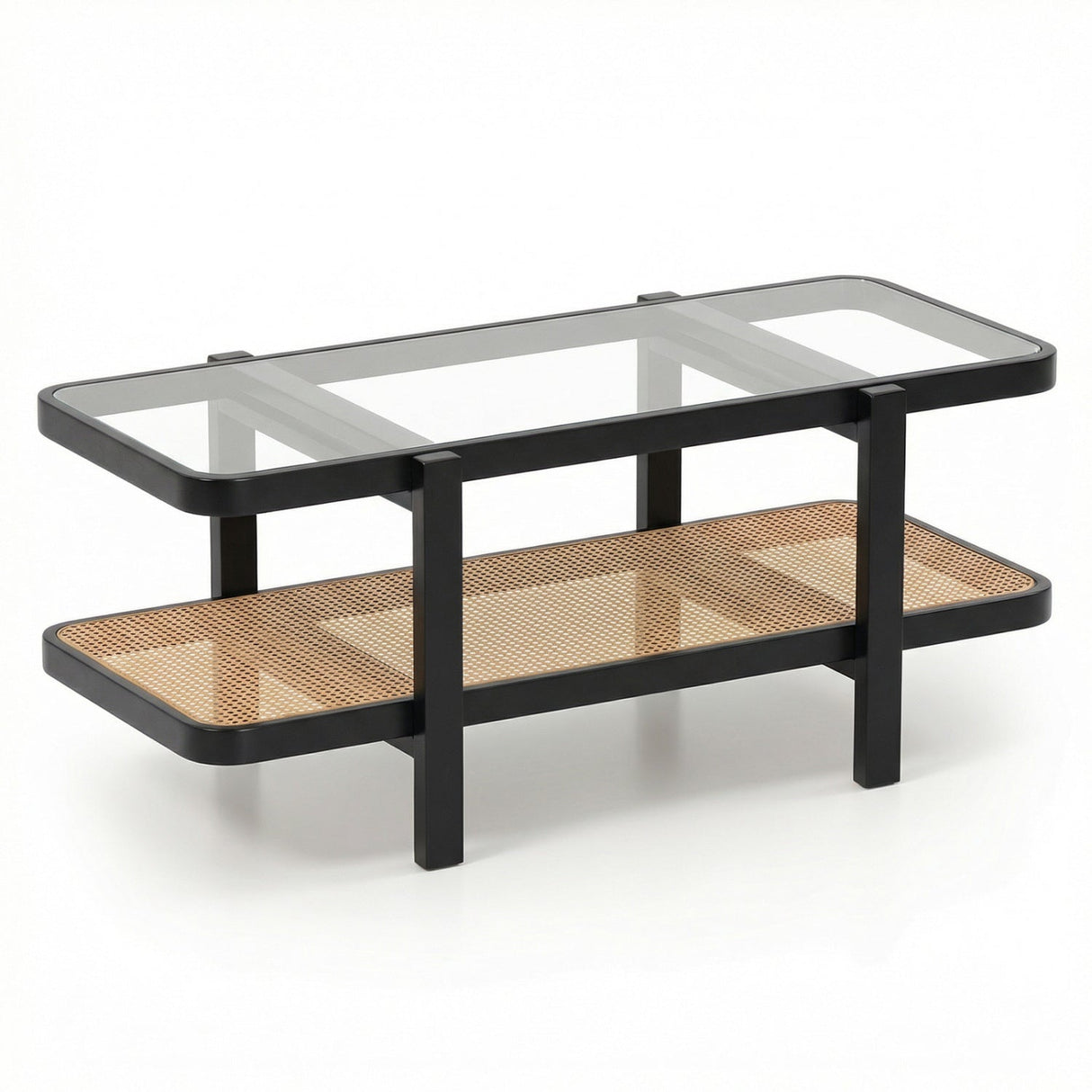 Mesa de centro de 2 niveles con almacenamiento y tablero de cristal templado