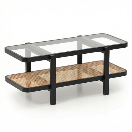 Mesa de centro de 2 niveles con almacenamiento y tablero de cristal templado