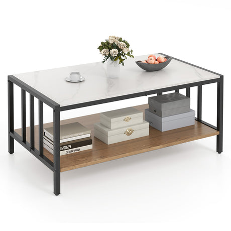 Mesa de centro de 2 niveles con tapa de piedra sinterizada - Blanca