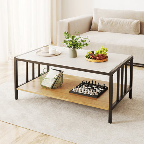 Mesa de centro de 2 niveles con tapa de piedra sinterizada - Blanca